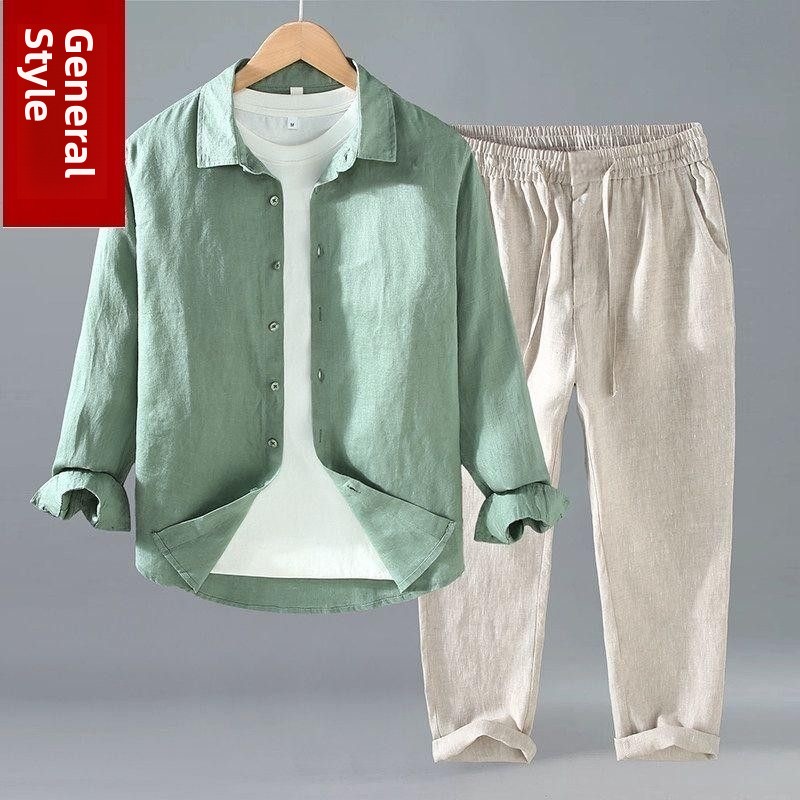 Mens Linen Shirt Long Sleeve - 여름 면 린넨 셔츠 바지 세트