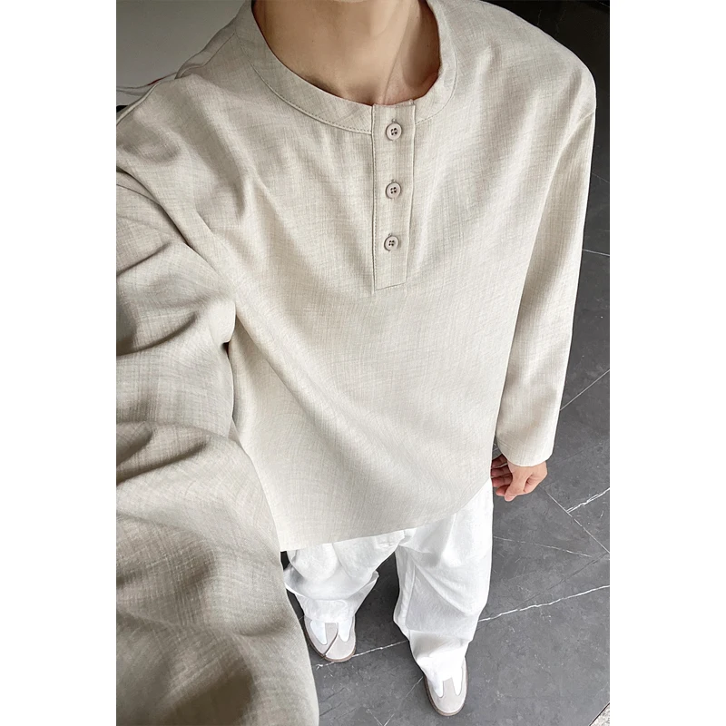 Mens Linen Shirt Long Sleeve - 남성 캐주얼 인조 린넨 헨리 티셔츠