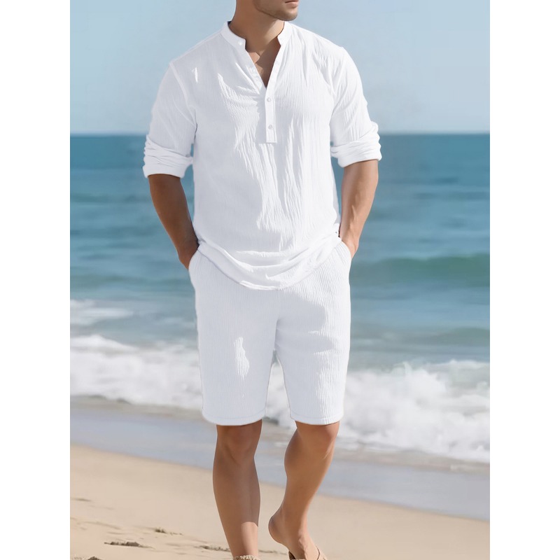 Mens Linen Shirt Long Sleeve - 남성용 화이트 린넨 혼방 투피스 세트