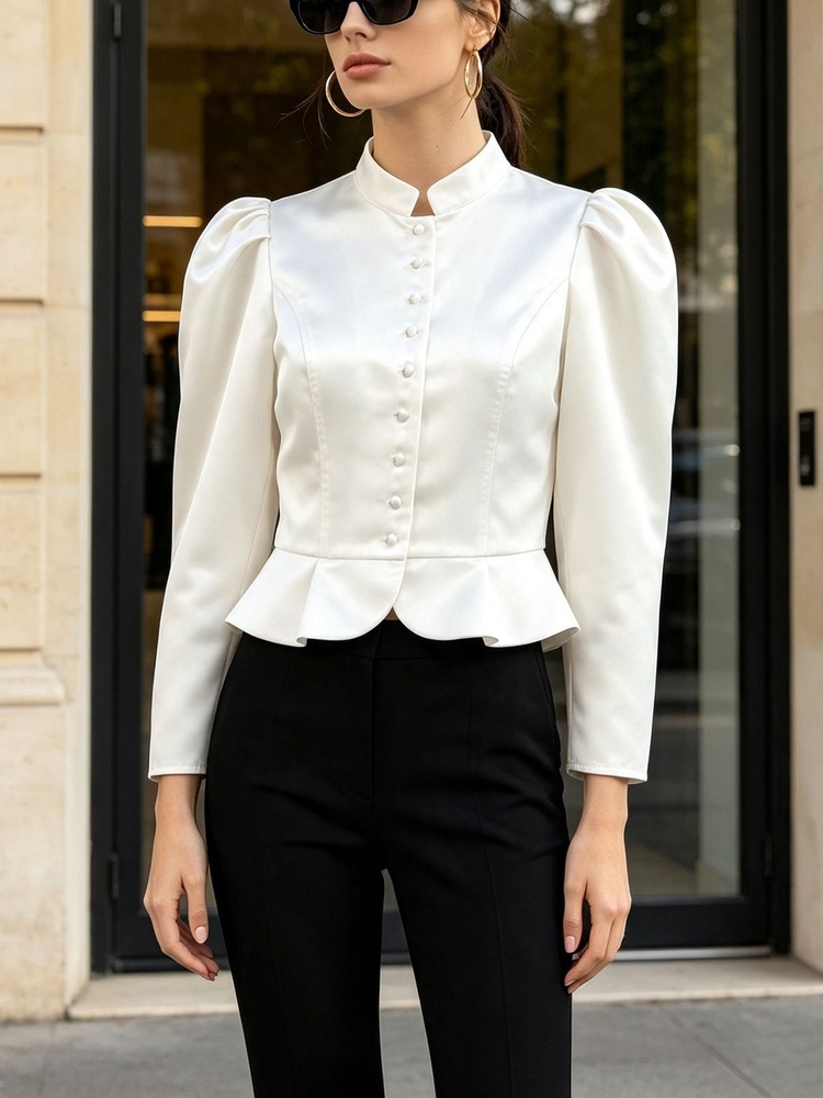 Mandarin Collar Formal Shirt Slim Fit - 페플럼 블라우스 긴소매 퍼프 숄더 만다린