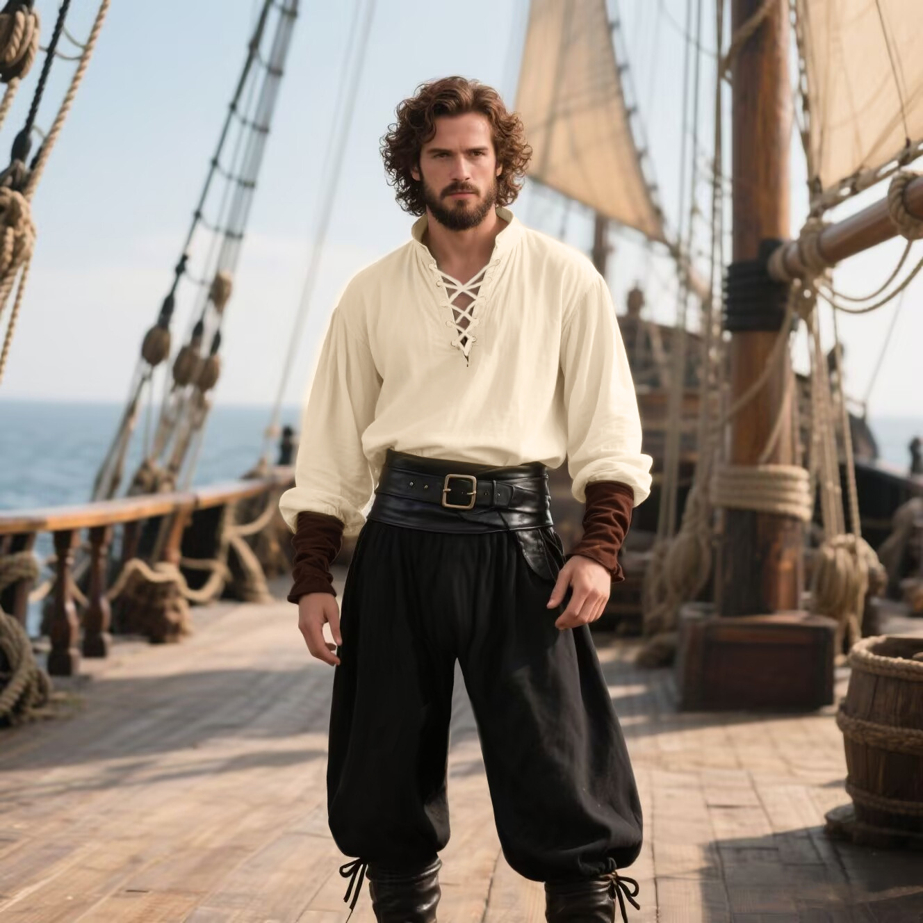 Medieval Gothic Lace Up Pirate Shirt - 할로윈 해적 의상 남성용 중세 르네상스