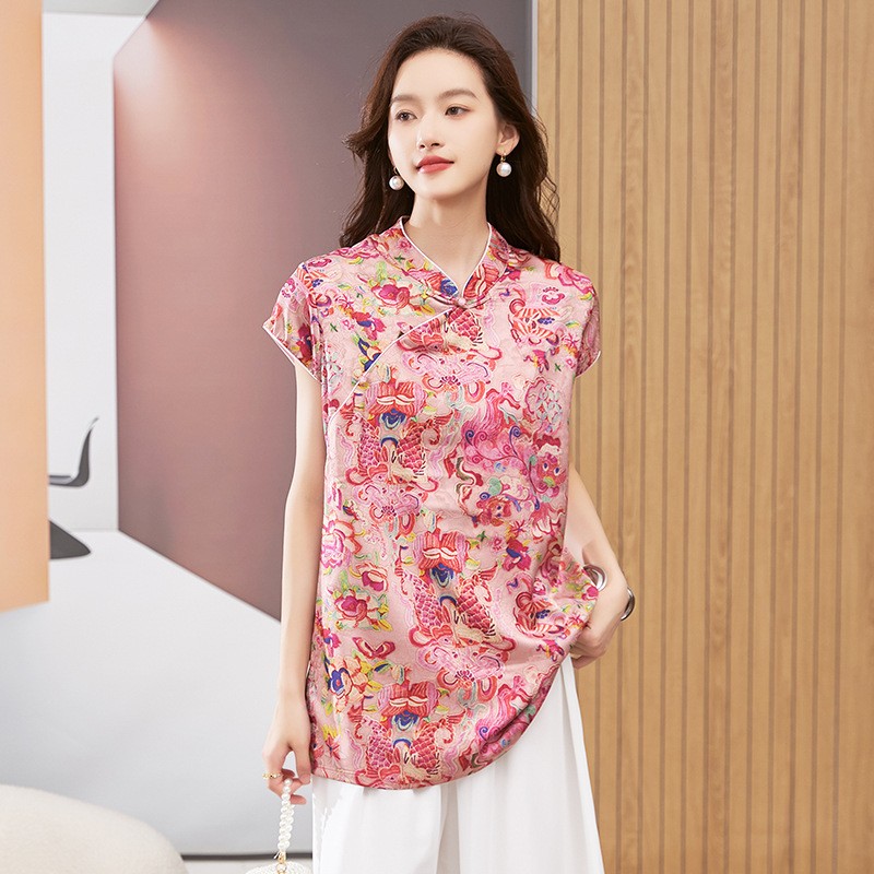 여성용 블라우스 반팔 라운드 넥 탑 만다린 칼라 튜닉  - Shirts 리뷰 및 가격