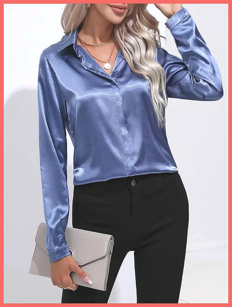 2025 봄 여름 여성용 새틴 셔츠, V넥 긴팔 실크  - Shirts 리뷰 및 가격