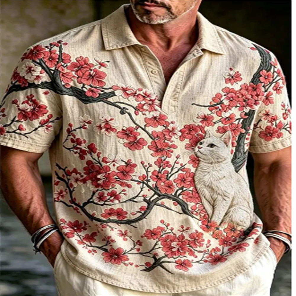 남성용 반팔 폴로 셔츠 빈티지 우키요에 고양이 꽃무늬  - Vintage Hawaiian Floral Shirt 리뷰 및 가격