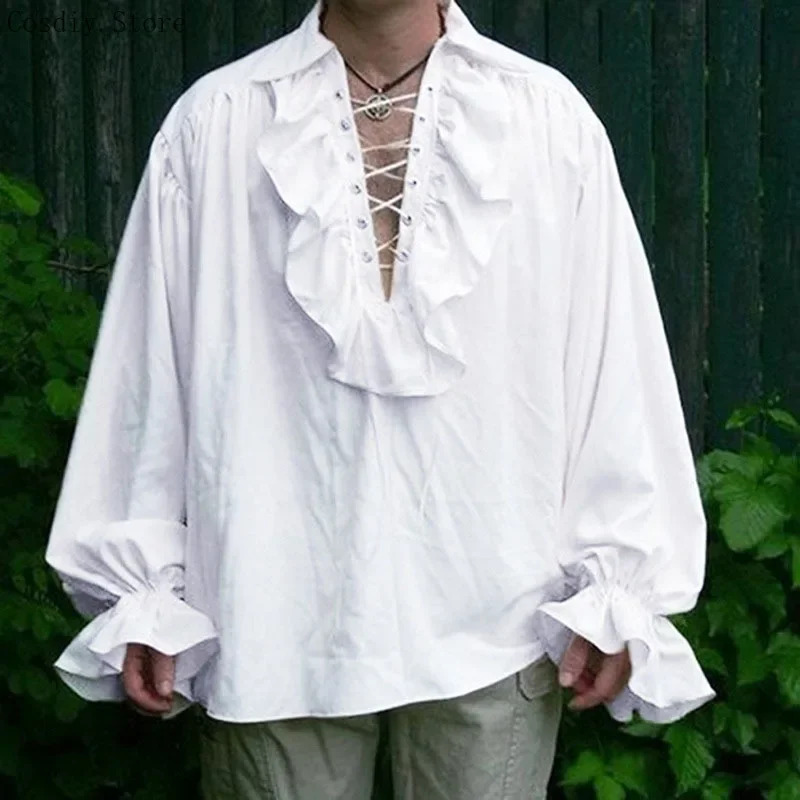 S-5XL 중세 해적 할로윈 뱀파이어 의상 남성용 러플 - Medieval Gothic Lace Up Pirate Shirt 리뷰 및 가격