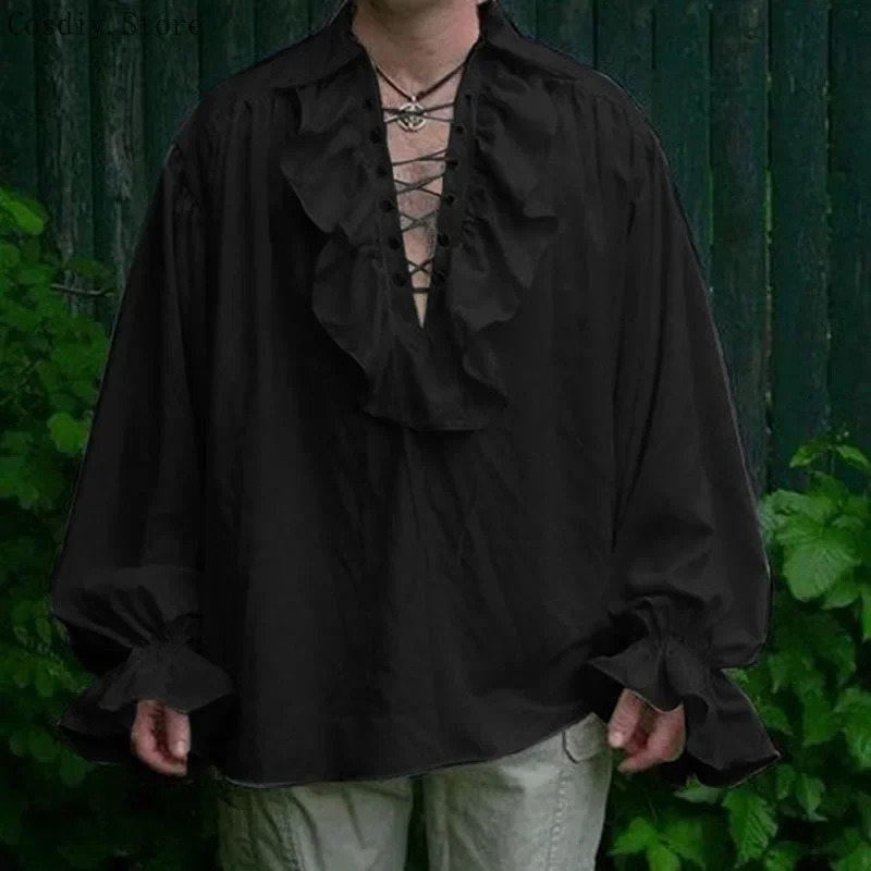 S-5XL 중세 해적 할로윈 뱀파이어 의상 남성용 러플 - Medieval Gothic Lace Up Pirate Shirt 리뷰 및 가격