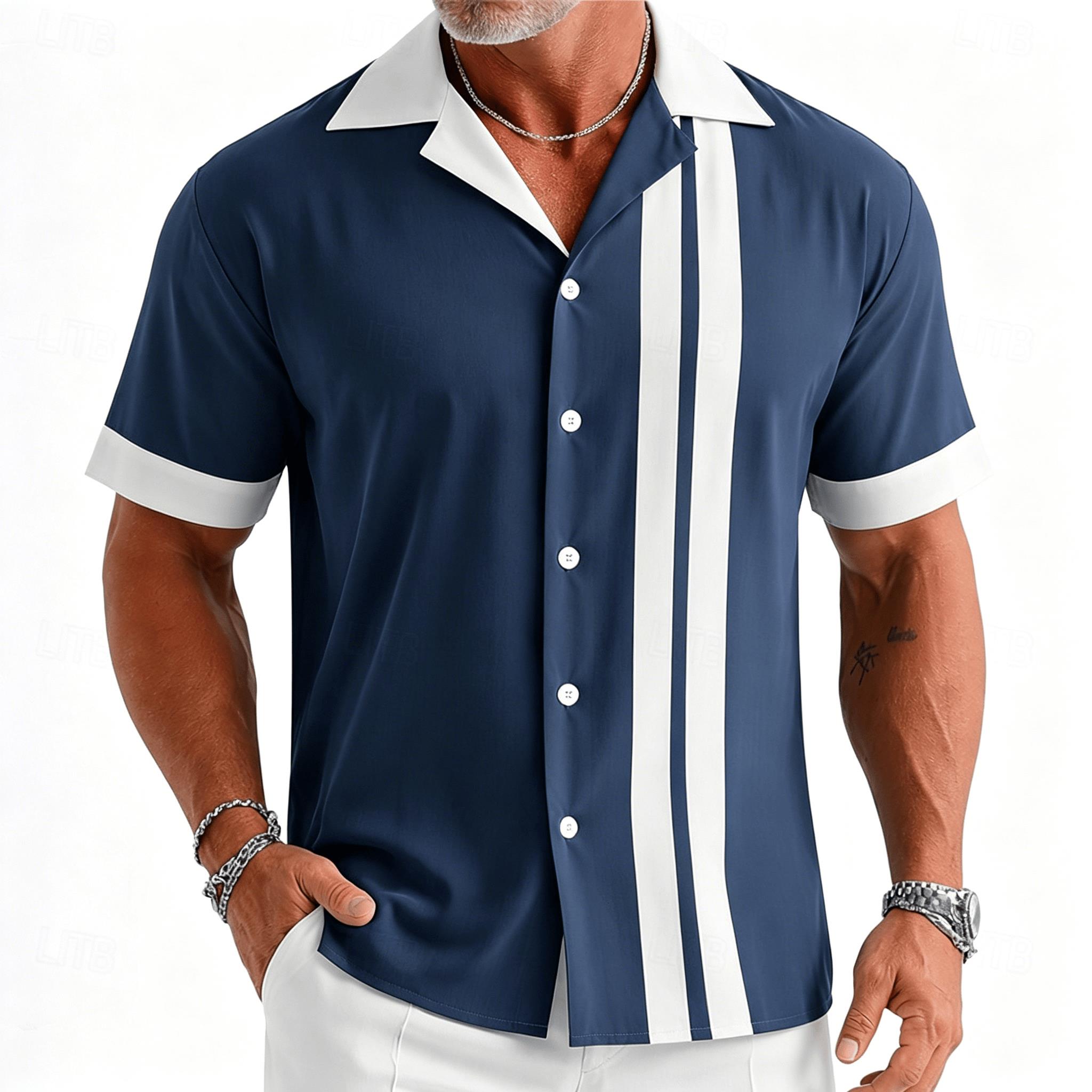 남성용 네이비 블루와 화이트 빈티지 볼링 스트라이프 반 - Short Sleeve Bowling Shirt Retro 리뷰 및 가격